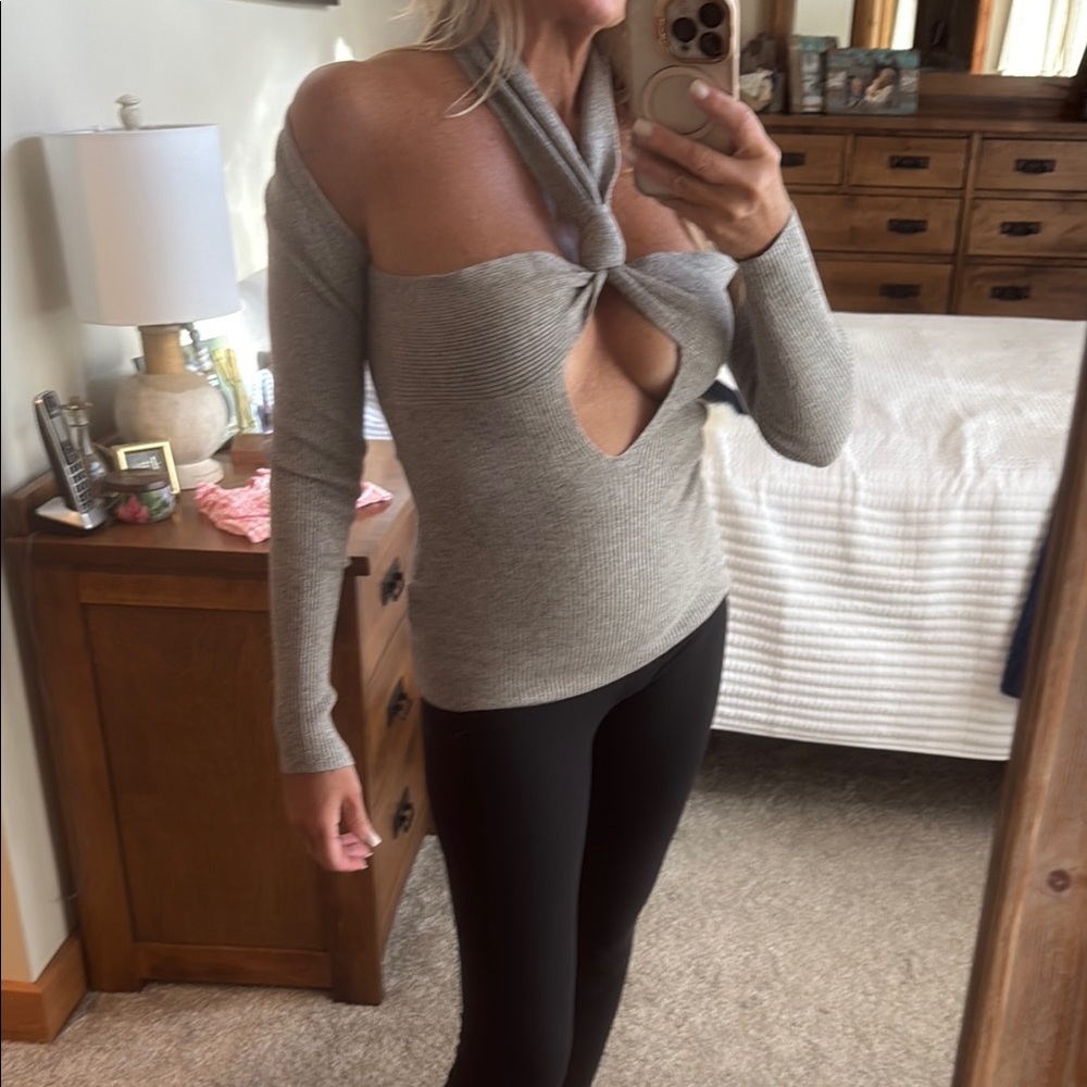 Atoir Gray Twist Front Cutout V-Neck Sweater